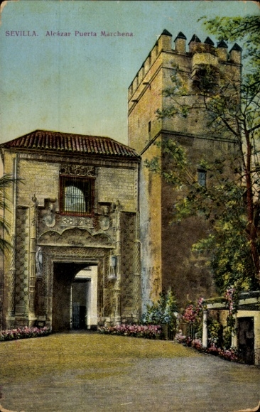Postcard Barrio de Santa Cruz Seville Andalusia, Alcázar Puerta Marchena, architecture, colorful flowers,