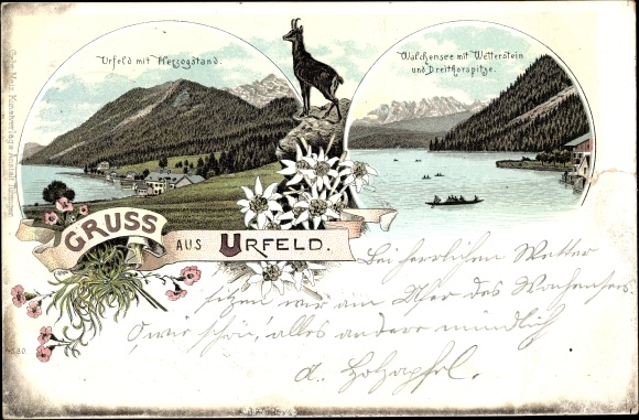 Chromo-Litho Urfeld Kochel am See Upper Bavaria, Herzogstand, Walchensee, Wetterstein, Dreithorspitze