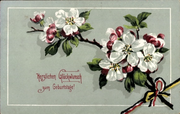 Postcard Happy Birthday, flowering branch, flag ribbon Dual Alliance