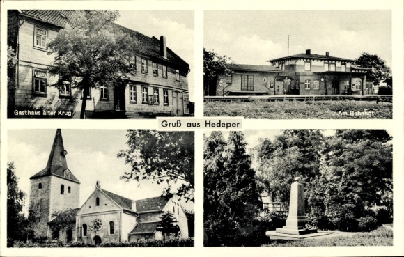 Ak Hedeper in Nedersaksen, Inn Alter Krug, treinstation, kerk