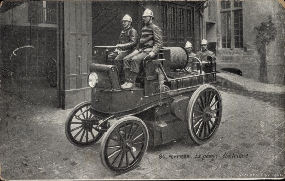 Postcard Pompiers, la pompe electrique, fire brigade, fire engine