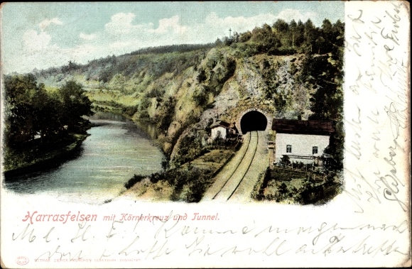 Postcard Braunsdorf Niederwiesa Sachsen, Harrasfelsen im Zschopautal, Körnerkreuz, tunnel
