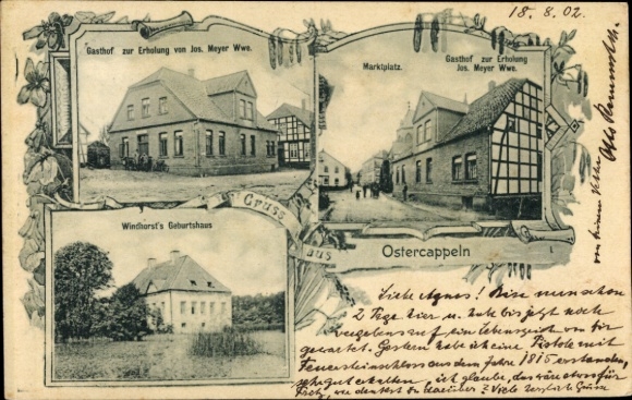Ak Ostercappeln in Niedersachsen, Gasthof zur Erholung, Marktplatz, Windhorst's Geburtshaus