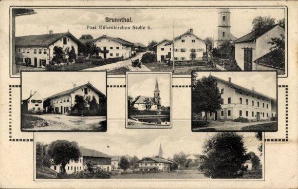 Ak Brunnthal in Oberbayern, Teilansichten, Kirche, Straßenpartie