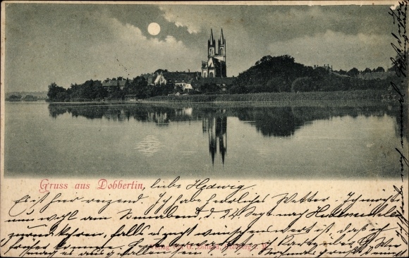Moonlight PC Dobbertin Mecklenburg, partial view, church, water reflection