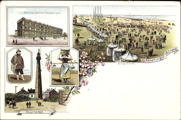 Chromo-Litho Scheveningen The Hague South Holland, beach, hotel, lighthouse, fishermen&#39;s costumes