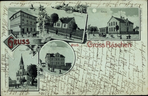 Moonlight Chromo-Litho Großräschen in Niederlausitz, school, rectory, church, post office, office building