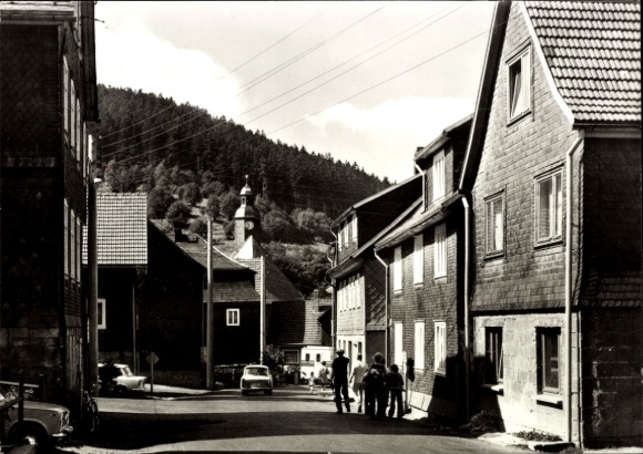 Postcard Gießübel in Thuringia, street, passers-by
