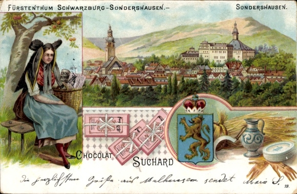 Chromo-Litho Sondershausen, Principality of Schwarzburg Sondershausen, coat of arms, traditional costume, Chocolat Suchard