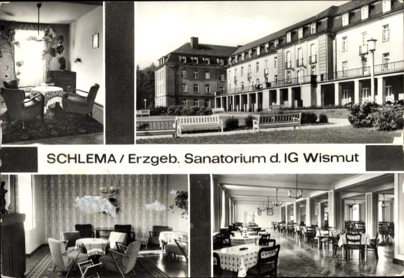 Ak Bad Schlema im Erzgebirge, Sanatorium, Möbel, Tische, Stühle, Zimmer, Innenansicht