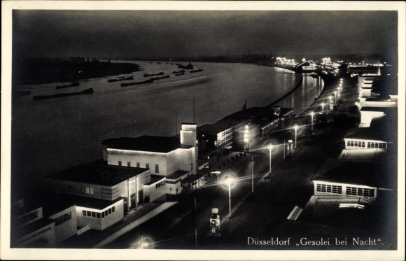 Postcard Düsseldorf Niederrhein, Gesolei at night, view of the Rhine