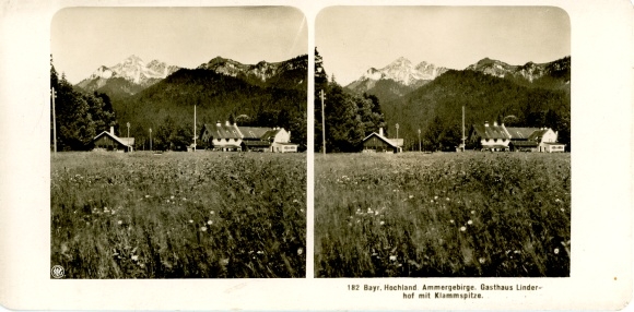 Stereo Foto Linderhof Ettal Oberbayern, Ammergebirge, Gasthaus Linderhof, Klammspitze