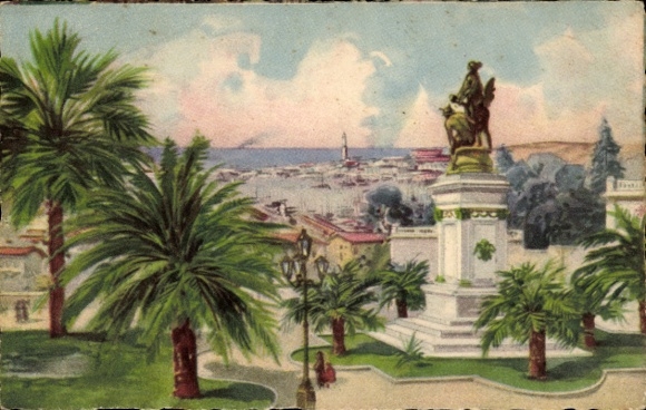 Ak Genova Genua Liguria, Piazza Principe, Statue, Palmen, Hafenansicht, Wolken, italienischer Sti