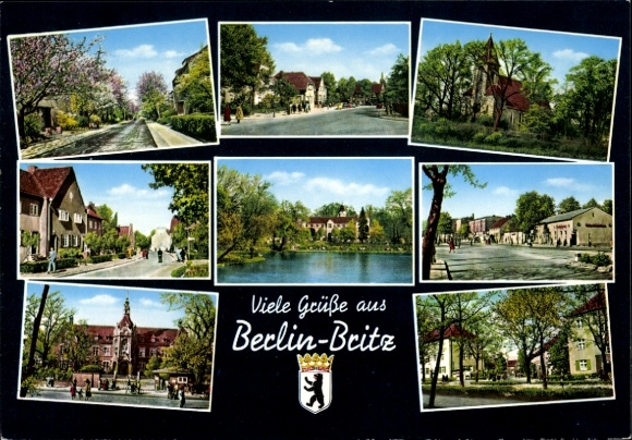 Postcard Berlin Neukölln Britz, street, church, water, coat of arms