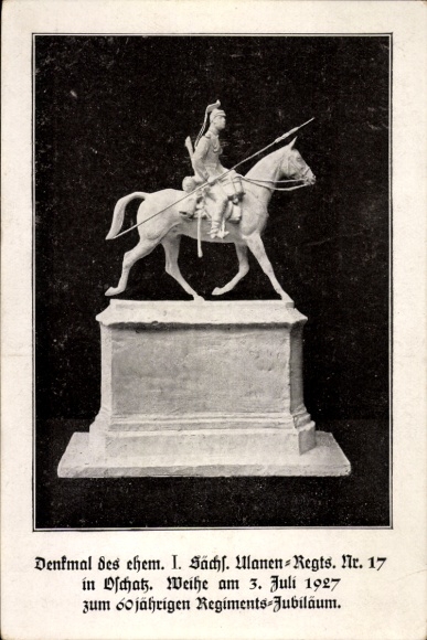 Ak Oschatz in Sachsen, Denkmal des ehem. I. Sächs. Ulanen-Regts. Nr. 17, Reiterstandbild, Weihe 1