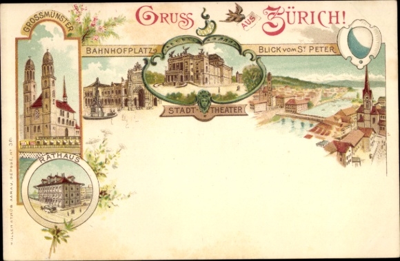 lito Zurych Miasto Szwajcaria, Ratusz, Grossmünster, widok z Bazyliki św. Piotra