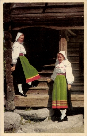 Postcard Skansen Stockholm Sweden, Two women in traditional costume, Orsa Dalarna