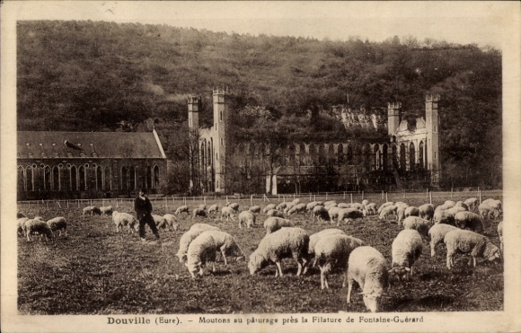 Postcard Douville sur Andelle Eure, Mowing Sheep, Filature de Fontaine-Guérard in the background