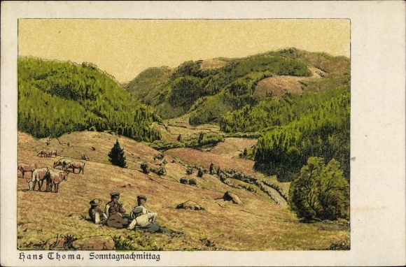 Artist Postcard Thoma, Hans, Sunday afternoon, boys in a meadow