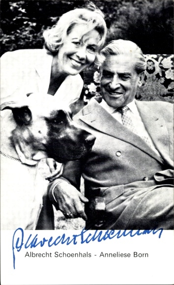 Postcard actor Albrecht Schoenhals, actress Anneliese Born, Great Dane, portrait, autograph
