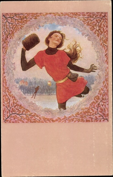 Art Nouveau artist Postcard Fidus, ice skater, woman in red dress, muff