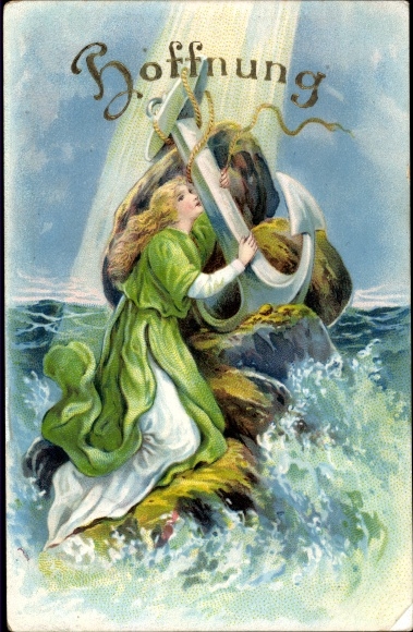 Postcard allegory, hope, woman with anchor on a rock, shipwreck