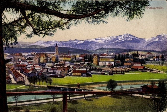 Postcard Traunstein in Upper Bavaria, view of the city, mountains in the background, river in the foreground