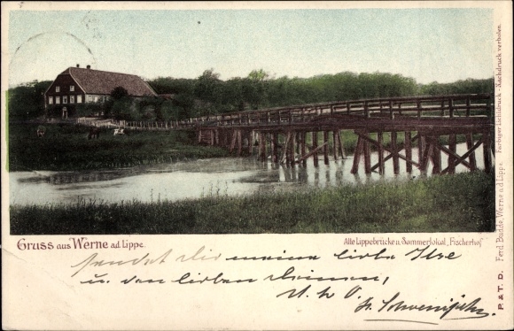 Postcard Werne on the Lippe Westphalia, Old Lippe Bridge, summer bar Fischerhof