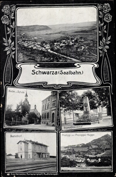 Postcard Schwarza Saalbahn Rudolstadt in Thuringia, Bismarck monument, Preilipper Kuppe, train station, track side
