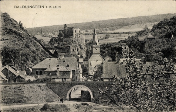Postcard Balduinstein an der Lahn, partial view, bridge, castle ruins