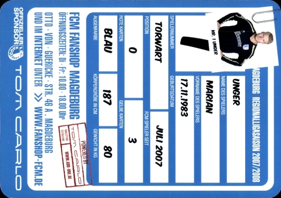 Handtekeningkaart voetballer Marian Unger, 1. FC Magdeburg, handtekening