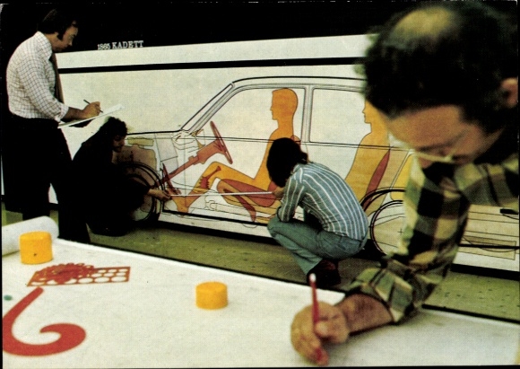 Postcard Opel Design, wall drawings, automobile designer
