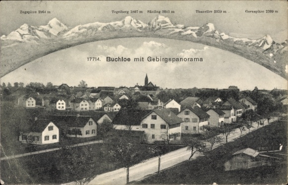Postcard Buchloe in the Gennachtal Swabia, mountain panorama, Zugspitze, Tegelberg, Säuling, Gernspitze