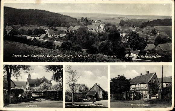 Postcard Ostlutter Lutter am Barenberge Harzvorland, overall view, school, consumption Hitteiche