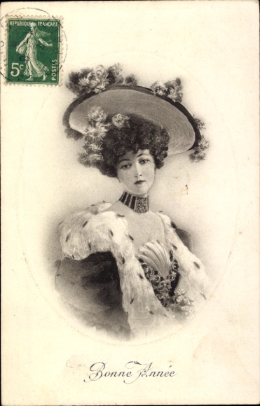 Ansichtkaart in reliëf Bonne Annee, jonge vrouw, portret