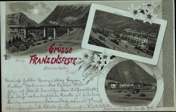 Moonlight Chromo-Litho Fortezza Franzensfeste South Tyrol, station building, railway station, track side