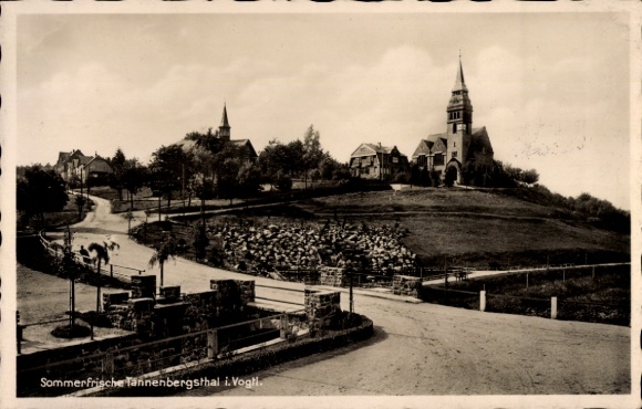 Postcard Tannenbergsthal in Vogtland, partial view, church