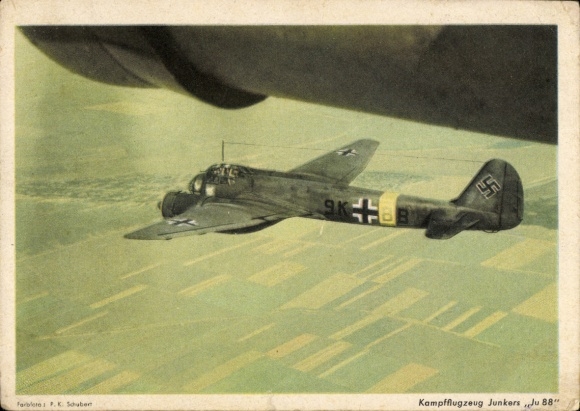 Postcard Junkers Ju 88, fighter aircraft, Luftwaffe, bomber and destroyer, II. WW, 9K+BB