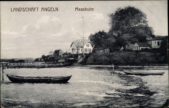 Ak Maasholm in Sleeswijk-Holstein, waterspel, boten