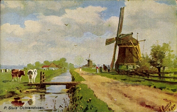 Artist Postcard Oudes, J, windmills, canal, cow pasture