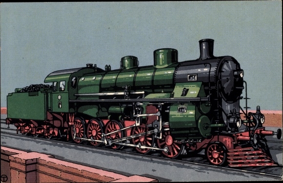 Artist Postcard 1 E four-cylinder superheated steam passenger locomotive, Bulgarian State Railways, Hanomag