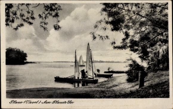 Postcard Plau am See Mecklenburg, boats on the lake, sailboats, people on the shore, beautiful nature