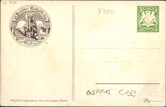 Postal stationery artist PC Richard Bogner, Würzburg am Main, 54th German Catholic Day 1907, St. Kilian