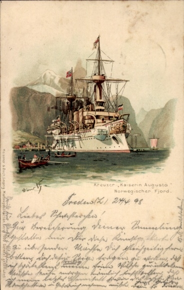 Kunstenaar litho Bohrdt, Hans, Duits oorlogsschip, kruiser Kaiserin Augusta, Noorse Fjord