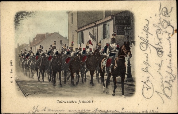 Postcard Cuirassiers français, French cuirassiers, horses
