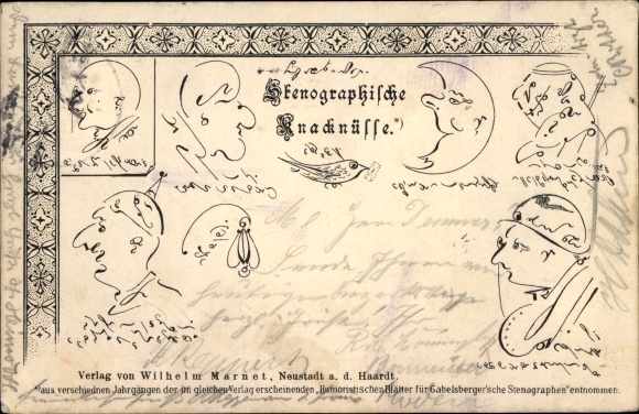 Postcard Stenographic crackers, riddles, heads