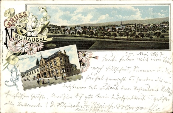 Chromo-Litho Neuhäusel in the Westerwald, restaurant, total view