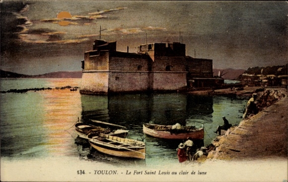 Postcard Toulon Var, Fort Saint Louis, water, boats, moonlight