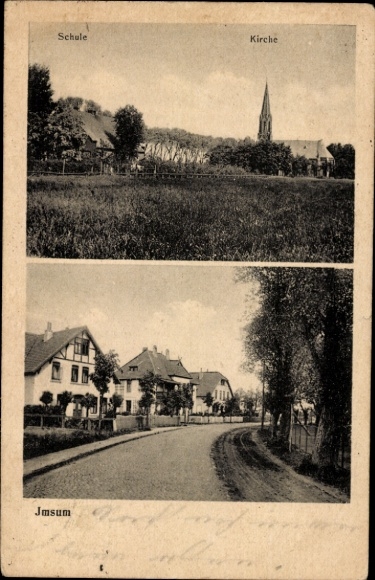Postcard Imsum Langen Geestland Lower Saxony, school, church, street scene