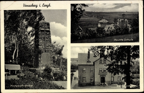 Ak Venusberg Drebach im Erzgebirge, Kriegerehrenmal, Rechts Schule, Gemeindeamt
